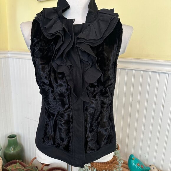 Alfani Petite Black Ruffled Faux Fur Front Vest Petite Holiday Shine Elevated S - Picture 1 of 8